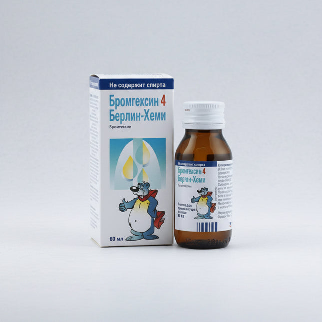 Bromhexine Solution from Berlin-Chemie is a&nbsp;mucolytic (mucus-loosening) oral solution containing bromhexine hydrochloride 4 mg per 5 ml. It is used to help thin and loosen thick respiratory mucus, making it easier to cough up and clear from the airways. This supports airflow and breathing comfort in conditions where viscous sputum is problematic, such as bronchitis, colds, and other respiratory tract infections.