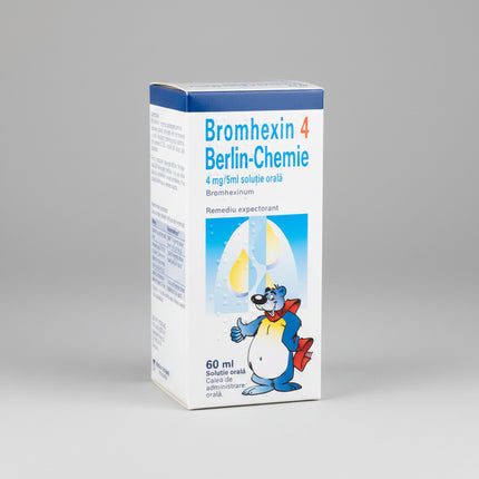 Bromhexine Solution from Berlin-Chemie is a mucolytic (mucus-loosening) oral solution containing bromhexine hydrochloride 4 mg per 5 ml. It is used to help thin and loosen thick respiratory mucus, making it easier to cough up and clear from the airways. This supports airflow and breathing comfort in conditions where viscous sputum is problematic, such as bronchitis, colds, and other respiratory tract infections.