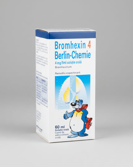 Bromhexine Solution from Berlin-Chemie is a mucolytic (mucus-loosening) oral solution containing bromhexine hydrochloride 4 mg per 5 ml. It is used to help thin and loosen thick respiratory mucus, making it easier to cough up and clear from the airways. This supports airflow and breathing comfort in conditions where viscous sputum is problematic, such as bronchitis, colds, and other respiratory tract infections.