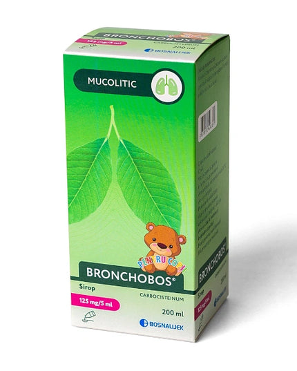 Green box of Bronchobos syrup with a bear illustration on a white background