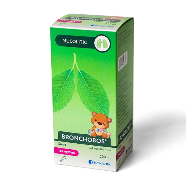 Green box of Bronchobos syrup with a bear illustration on a white background