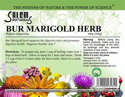 Salem Botanicals Bur Marigold Herb label with text and images of flowers.