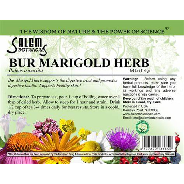Salem Botanicals Bur Marigold Herb label with text and images of flowers.
