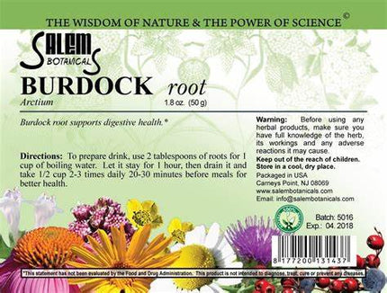 Salem Botanicals Burdock root label with herbal imagery and text.
