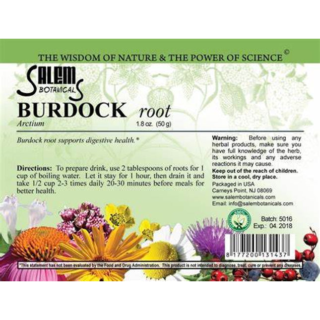 Salem Botanicals Burdock root label with herbal imagery and text.