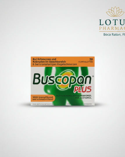 Buscopan® PLUS is a combination antispasmodic and analgesic medication formulated to relieve moderate to strong abdominal pain caused by smooth muscle spasms. It combines butylscopolamine, which relaxes spasms, with paracetamol (acetaminophen), which provides effective pain relief.