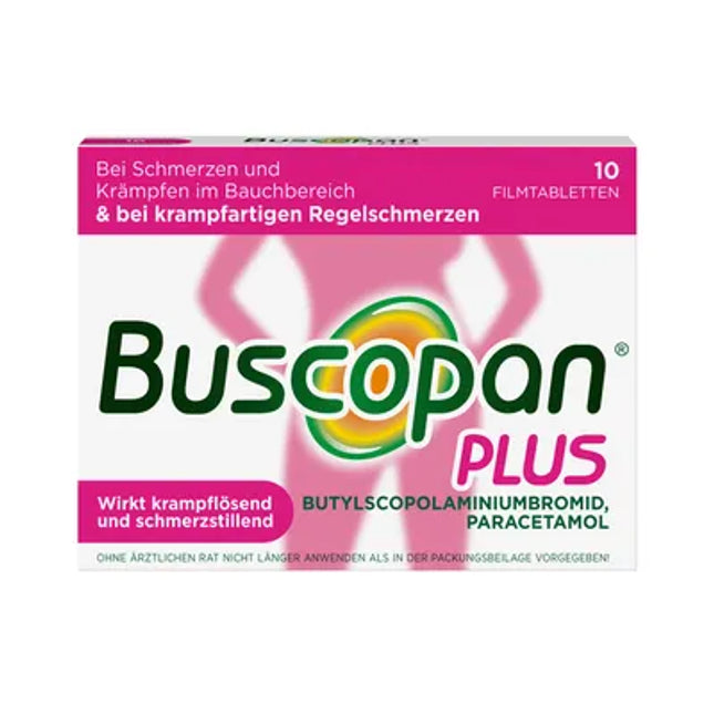 Buscopan® PLUS is a combination antispasmodic and analgesic medication formulated to relieve moderate to strong abdominal pain caused by smooth muscle spasms. It combines butylscopolamine, which relaxes spasms, with paracetamol (acetaminophen), which provides effective pain relief.

This dual-action formula targets both the cause of cramping (spasm) and the sensation of pain, making it suitable for more intense discomfort than standard antispasmodics alone.