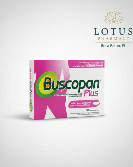 Buscopan® PLUS is a combination antispasmodic and analgesic medication formulated to relieve moderate to strong abdominal pain caused by smooth muscle spasms. It combines butylscopolamine, which relaxes spasms, with paracetamol (acetaminophen), which provides effective pain relief.