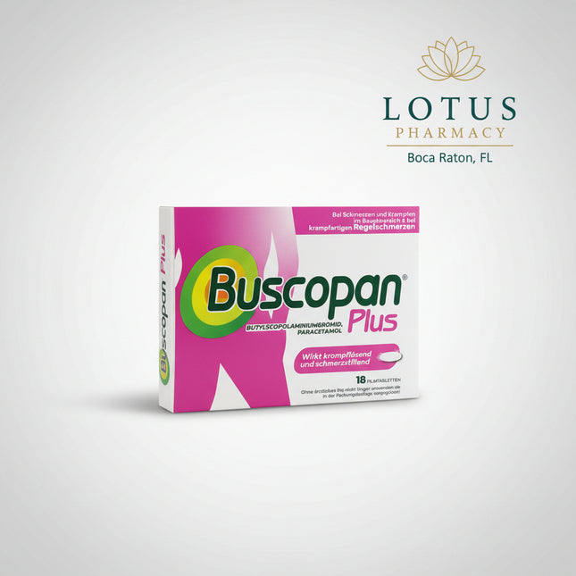 Buscopan® PLUS is a combination antispasmodic and analgesic medication formulated to relieve moderate to strong abdominal pain caused by smooth muscle spasms. It combines butylscopolamine, which relaxes spasms, with paracetamol (acetaminophen), which provides effective pain relief.