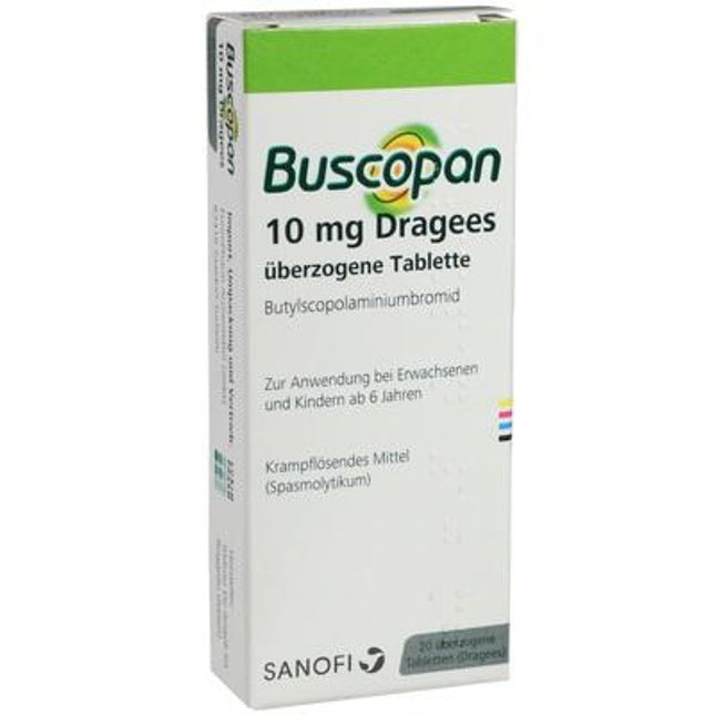 Box of Buscopan 10 mg Dragees with Sanofi logo on a white background