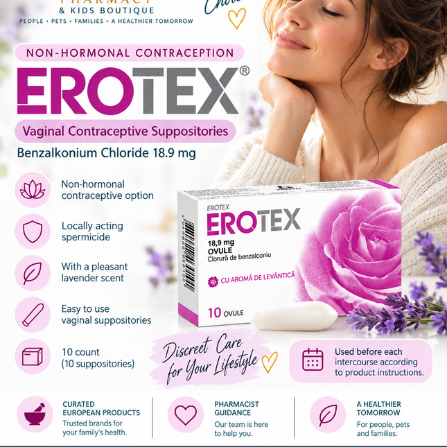 Non-Hormonal Vaginal Contraceptive Suppositories – Erotex Lavender 18.9 mg Benzalkonium Chloride – 10 Count