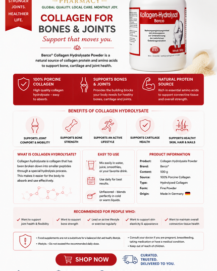 Berco® Collagen Hydrolysate Powder – 500 g | 100% Porcine Collagen Protein & Amino Acids for Bone Support