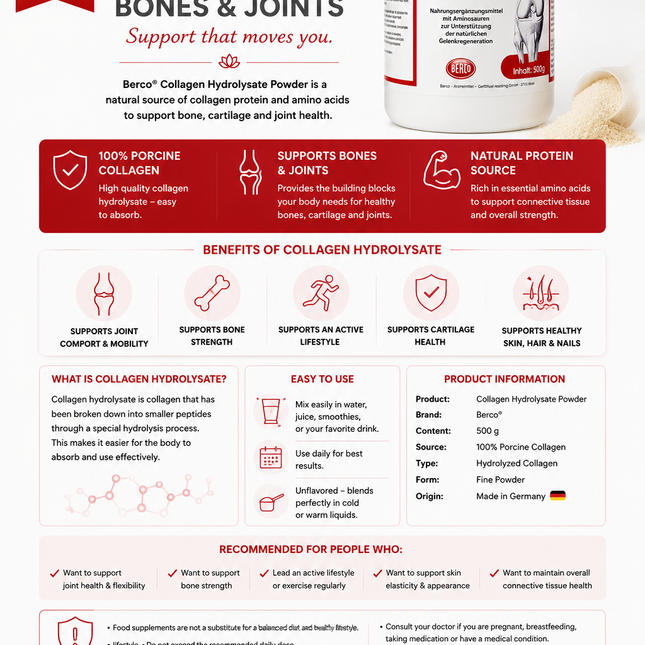 Berco® Collagen Hydrolysate Powder – 500 g | 100% Porcine Collagen Protein & Amino Acids for Bone Support