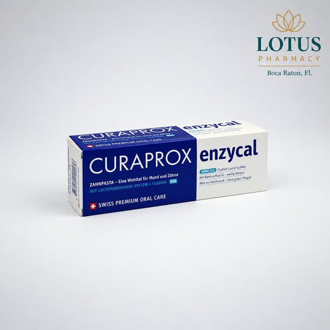CURAPROX® Enzycal 950 is an ultra-gentle Swiss toothpaste formulated to strengthen the mouth's natural defense system while providing effective cavity protection. It contains 950 ppm sodium fluoride and a unique three-enzyme system that supports the protective functions of saliva, helping to maintain healthy teeth, gums, and oral tissues.
