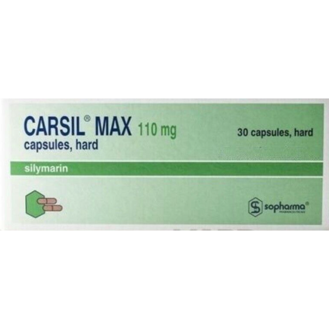 CARSIL MAX 110 mg capsules packaging with Sopharma logo