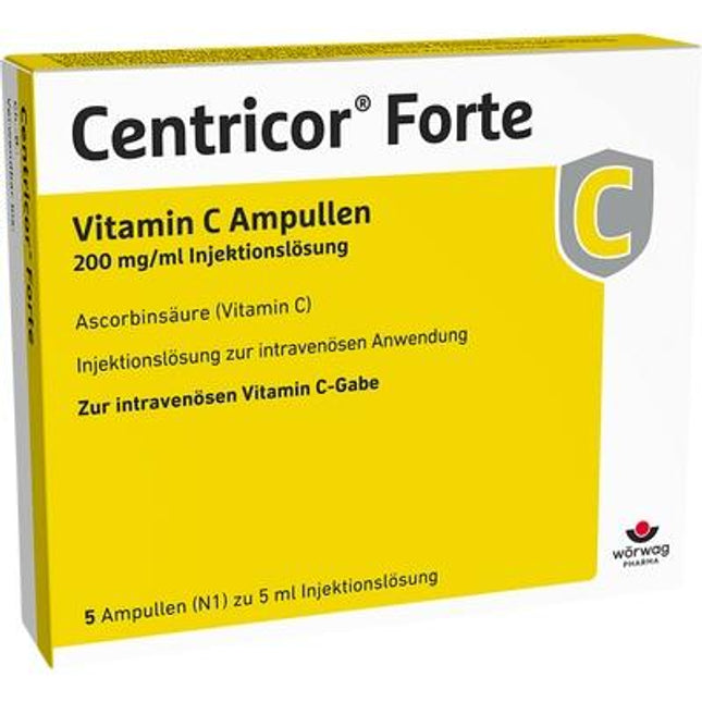 Box of Centricor Forte Vitamin C Ampullen with yellow and white design