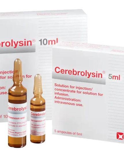Cerebrolysin packaging with ampoules and boxes on a white background