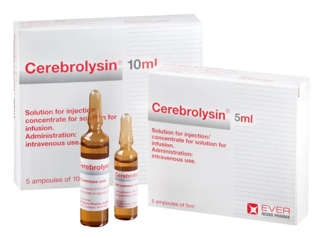 Cerebrolysin packaging with ampoules and boxes on a white background