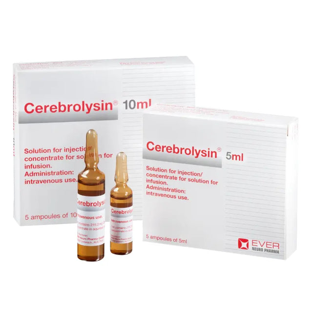Cerebrolysin packaging with ampoules and boxes on a white background