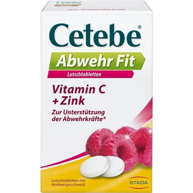 Cetebe Abwehr Fit vitamin C + zinc lozenge packaging with raspberries on a white background