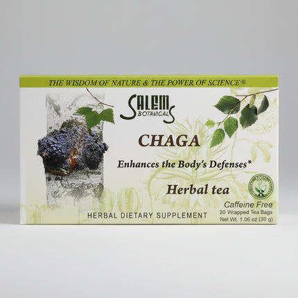 Chaga Tea is a caffeine-free herbal tea featuring chaga mushroom (Inonotus obliquus) blended with rose hips, hibiscus flowers, and stevia. It has a mild, earthy flavor and is convenient for enjoying as part of a daily herbal tea routine. The product is sold in a box of 20 individually wrapped tea bags.&nbsp;