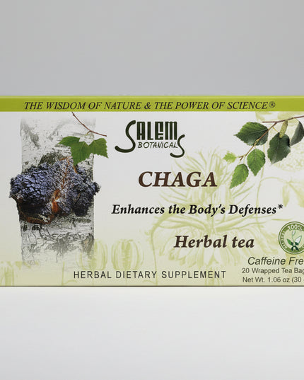 Chaga Tea is a caffeine-free herbal tea featuring chaga mushroom (Inonotus obliquus) blended with rose hips, hibiscus flowers, and stevia. It has a mild, earthy flavor and is convenient for enjoying as part of a daily herbal tea routine. The product is sold in a box of 20 individually wrapped tea bags.&nbsp;