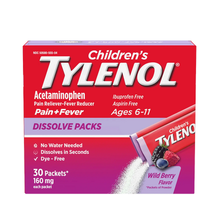 Children's TYLENOL® Dissolve Powder Packs, Wild Berry Flavor – 24 or 30 Powder Packs