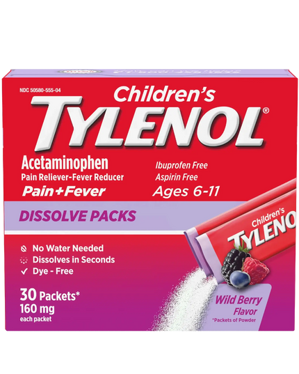 Children's TYLENOL® Dissolve Powder Packs, Wild Berry Flavor – 24 or 30 Powder Packs