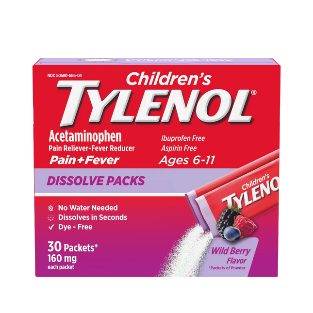 Children's TYLENOL® Dissolve Powder Packs, Wild Berry Flavor – 24 or 30 Powder Packs
