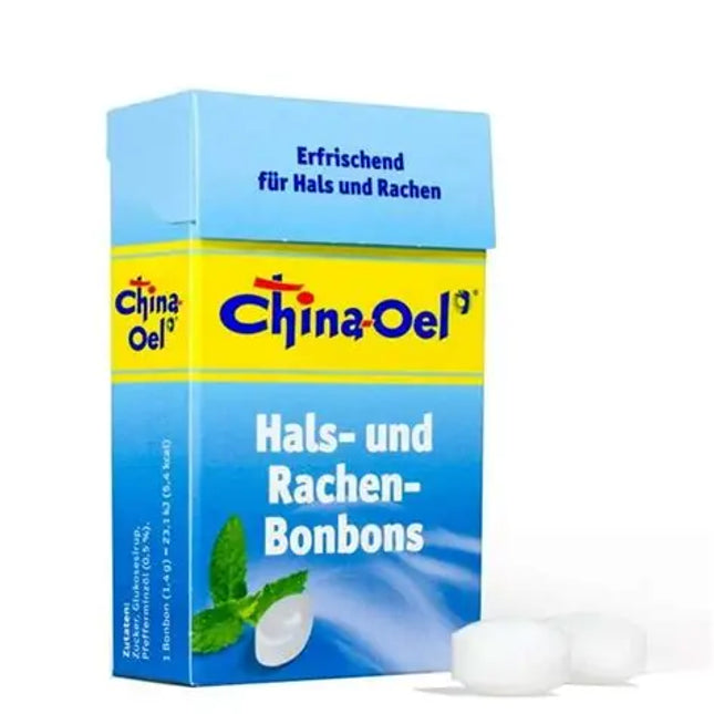 Box of China-Oel Hals- und Rachen-Bonbons with a blue and yellow design.