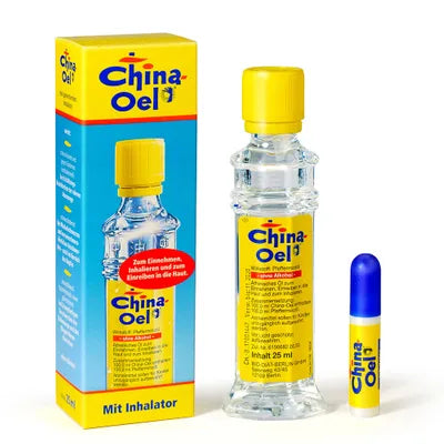 China-Oel® is a traditional herbal medicinal product used to support relief of symptoms associated with coughs, colds, tension headaches, and local muscle discomfort. It is registered based on long-standing traditional use. The 25 ml bottle includes a pocket inhaler, allowing controlled and convenient inhalation.