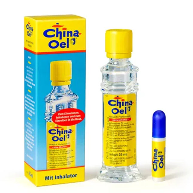 China-Oel® is a traditional herbal medicinal product used to support relief of symptoms associated with coughs, colds, tension headaches, and local muscle discomfort. It is registered based on long-standing traditional use. The 25 ml bottle includes a pocket inhaler, allowing controlled and convenient inhalation.