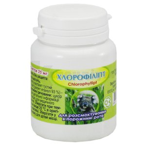 White bottle of Chlorophyllipt with green label on a white background