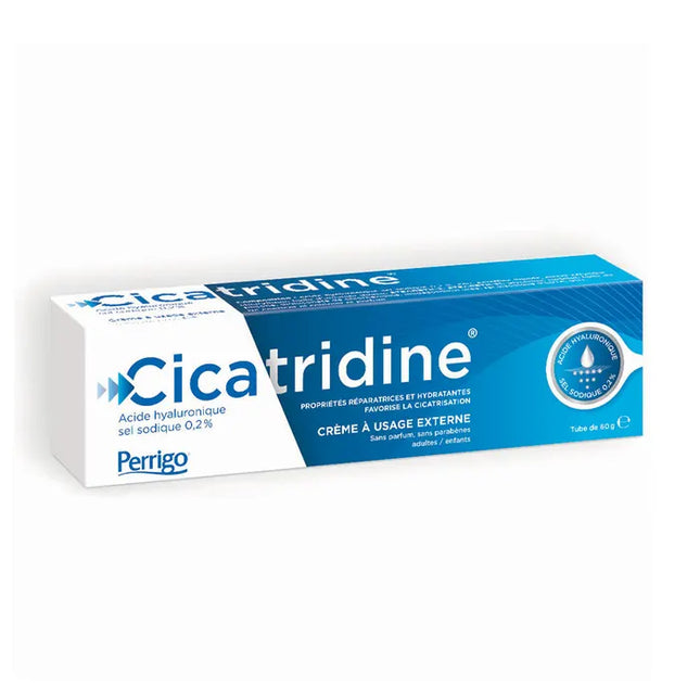 Cicatridine cream packaging with blue and white design on a white background