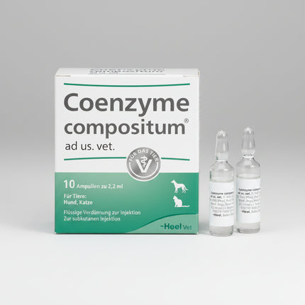 Coenzyme Compositum ad us. vet. by Heel is a German homeopathic veterinary medicinal product supplied as a liquid dilution for injection. The currently authorized German 10-count presentation contains 10 glass ampoules of 2.2 mL each (22 mL total). It is authorized for use in dogs and cats.

The formula contains a complex combination of 26 homeopathically diluted ingredients, including coenzyme A, NAD, ATP, vitamin-related components, organic acids involved in cellular metabolism, minerals, and botanical/ho