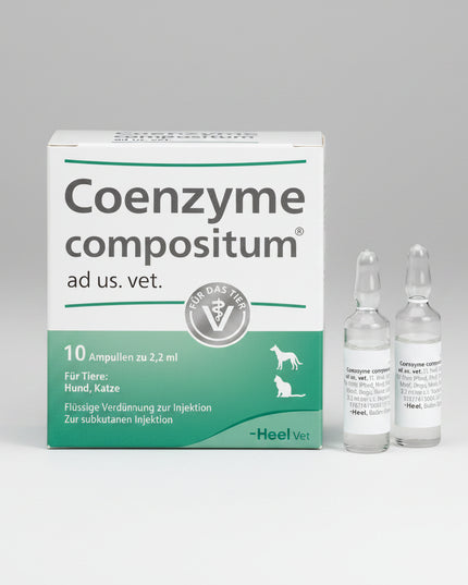 Coenzyme Compositum ad us. vet. by Heel is a German homeopathic veterinary medicinal product supplied as a liquid dilution for injection. The currently authorized German 10-count presentation contains 10 glass ampoules of 2.2 mL each (22 mL total). It is authorized for use in dogs and cats.

The formula contains a complex combination of 26 homeopathically diluted ingredients, including coenzyme A, NAD, ATP, vitamin-related components, organic acids involved in cellular metabolism, minerals, and botanical/ho