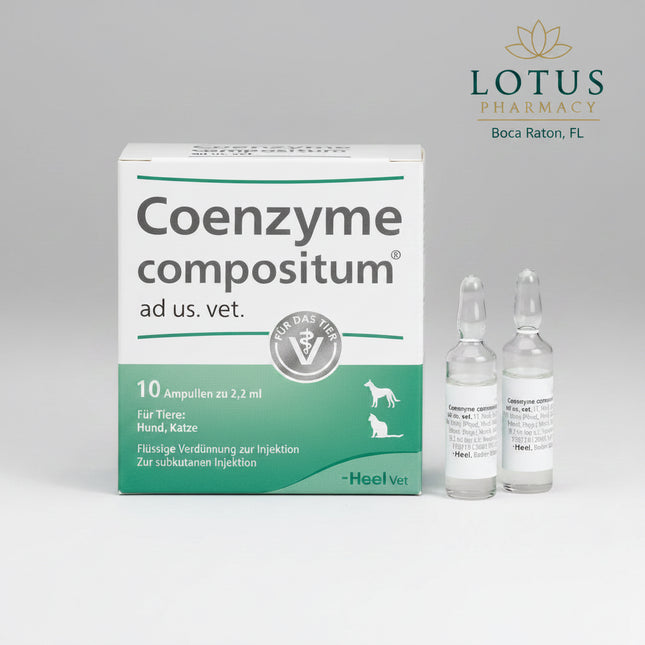 Coenzyme Compositum ad us. vet. by Heel is a German homeopathic veterinary medicinal product supplied as a liquid dilution for injection. The currently authorized German 10-count presentation contains 10 glass ampoules of 2.2 mL each (22 mL total). It is authorized for use in dogs and cats.

The formula contains a complex combination of 26 homeopathically diluted ingredients, including coenzyme A, NAD, ATP, vitamin-related components, organic acids involved in cellular metabolism, minerals, and botanical/ho