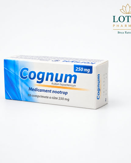Cognum contains the calcium salt of hopantenic acid (calcium hopantenate) and is available in 250 mg and 500 mg strengths, with 50 tablets per package. The manufacturer classifies Cognum as a psychostimulant and