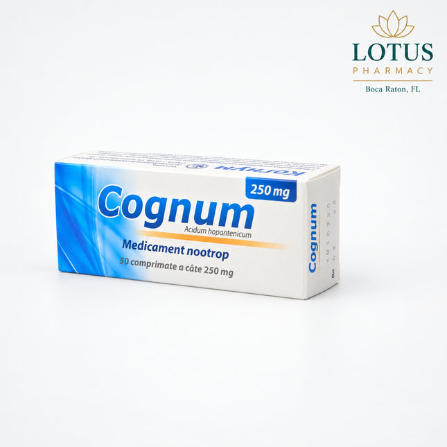 Cognum contains the calcium salt of hopantenic acid (calcium hopantenate) and is available in 250 mg and 500 mg strengths, with 50 tablets per package. The manufacturer classifies Cognum as a psychostimulant and