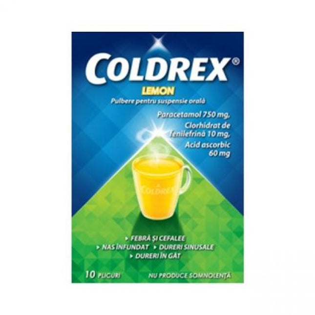 Coldrex Lemon throat powder packaging with a blue and green design.