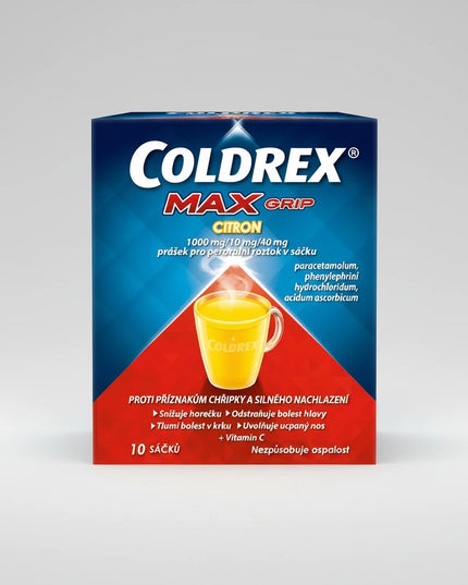 Coldrex MaxGrip is a combination cold and flu medicine formulated to provide short-term relief of multiple symptoms, including fever, headache, body aches, sore throat, and nasal congestion. The sachet powder dissolves in hot water to create a warm medicinal drink, helping improve comfort during common cold or flu-like illnesses.