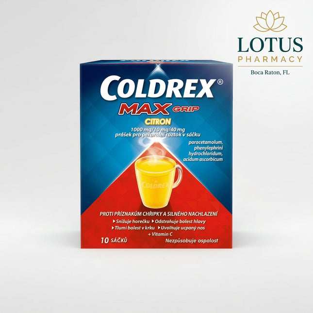 Coldrex MaxGrip is a combination cold and flu medicine formulated to provide short-term relief of multiple symptoms, including fever, headache, body aches, sore throat, and nasal congestion. The sachet powder dissolves in hot water to create a warm medicinal drink, helping improve comfort during common cold or flu-like illnesses.