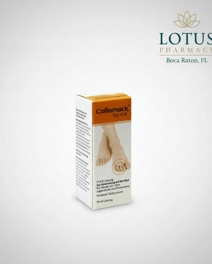 Collomack® Topical Solution 17.4% is a German topical medicine containing salicylic acid 174 mg/g (17.4%) for the removal of corns and calluses (thickened, hardened skin). It is intended for adults, adolescents, and children 1 year and older.

Salicylic acid has a keratolytic action, meaning it gradually softens and loosens excessive layers of hardened skin. This makes the thickened tissue easier to remove after treatment.

Important: The current German Collomack Topical 17.4% formulation is indicated for c