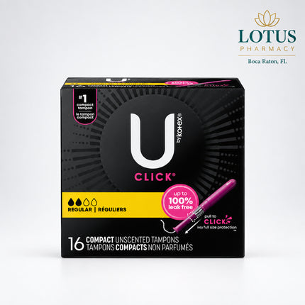 U by Kotex Click Compact Tampons are designed for discreet, convenient period protection in a compact applicator format. The Regular absorbency option is intended for moderate menstrual flow, while the compact design makes the tampons easy to carry in a purse, pocket, or travel bag.

The applicator expands to full size when ready to use, offering the convenience of a compact product with the familiar handling of a full-size applicator. U by Kotex notes that tampons are designed to be worn internally and are