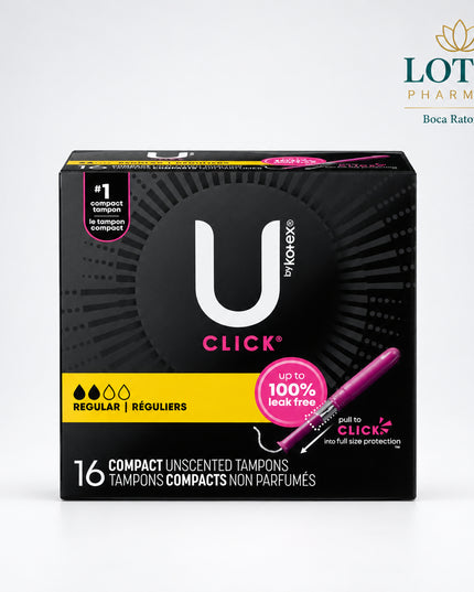 U by Kotex Click Compact Tampons are designed for discreet, convenient period protection in a compact applicator format. The Regular absorbency option is intended for moderate menstrual flow, while the compact design makes the tampons easy to carry in a purse, pocket, or travel bag.

The applicator expands to full size when ready to use, offering the convenience of a compact product with the familiar handling of a full-size applicator. U by Kotex notes that tampons are designed to be worn internally and are