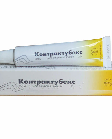 Contractubex gel tube and packaging box. The box has the product name and the number of grams, 20, prominently displayed.