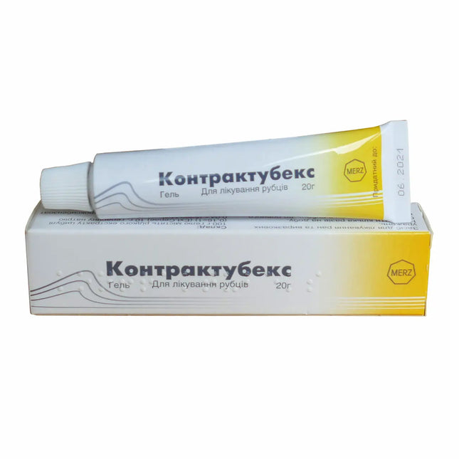 Contractubex gel tube and packaging box. The box has the product name and the number of grams, 20, prominently displayed.