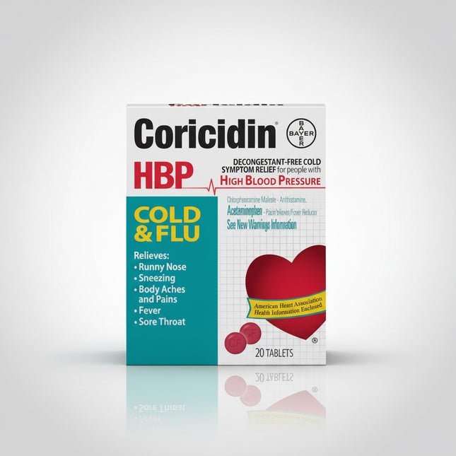 Coricidin HBP Cold & Flu Tablets, 20 ea