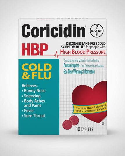 Coricidin® HBP Cold &amp; Flu is a decongestant-free cold medicine specially formulated for individuals with high blood pressure. It provides temporary relief of common cold and flu symptoms including fever, sore throat, body aches, runny nose, and sneezing without the use of nasal decongestants. The convenient tablet form helps manage symptoms while remaining suitable for those who need to avoid decongestant-containing products.&nbsp;