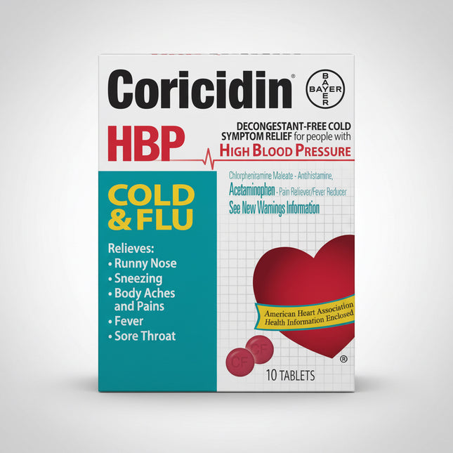 Coricidin® HBP Cold &amp; Flu is a decongestant-free cold medicine specially formulated for individuals with high blood pressure. It provides temporary relief of common cold and flu symptoms including fever, sore throat, body aches, runny nose, and sneezing without the use of nasal decongestants. The convenient tablet form helps manage symptoms while remaining suitable for those who need to avoid decongestant-containing products.&nbsp;
